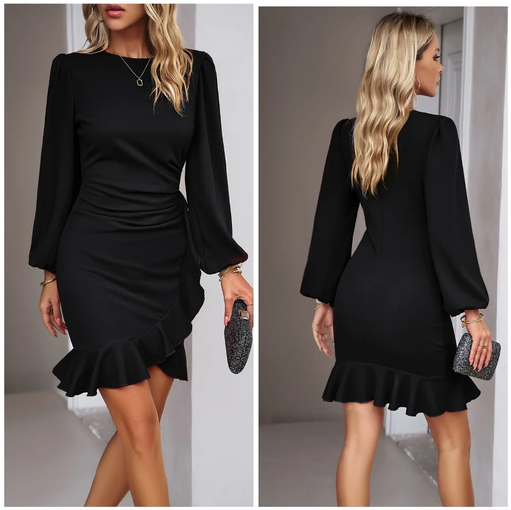 Black Ruched Ruffle Dress - Picture 4 of 9